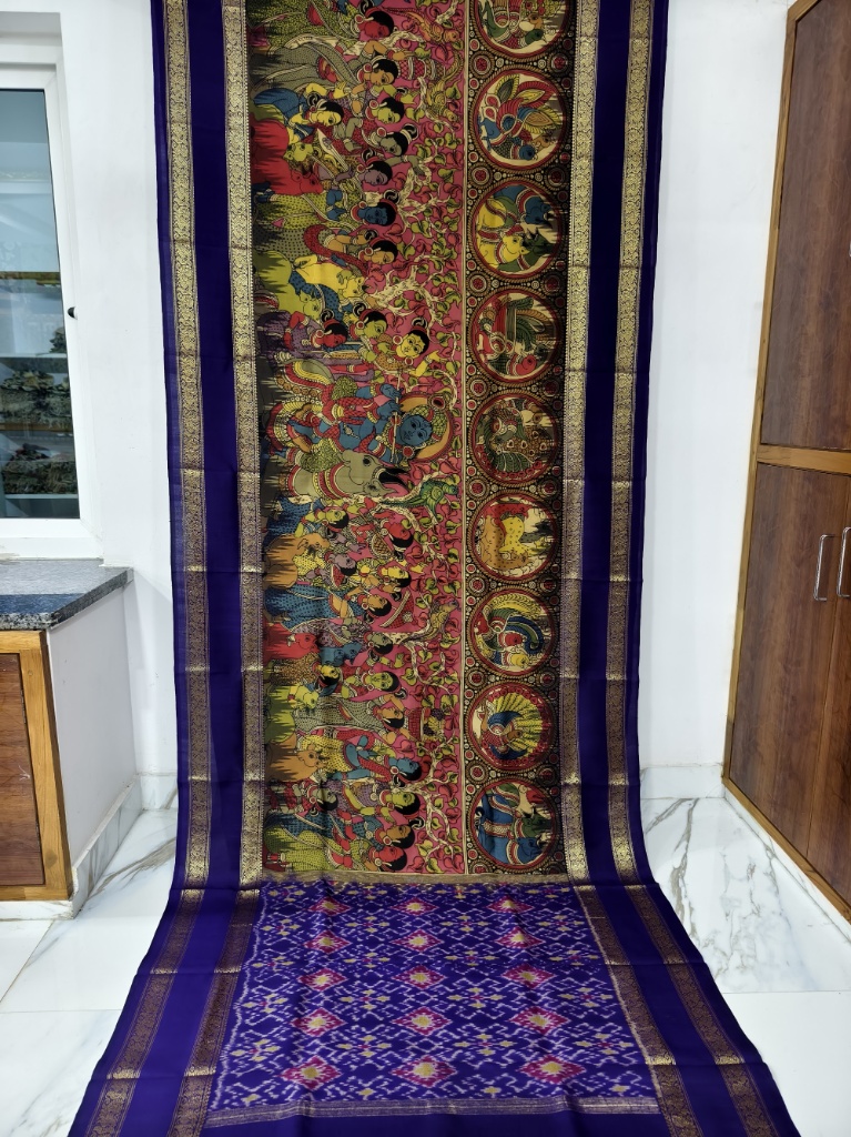 Royal Purple Pure Ikkat Silk Saree with Mythological Kalamkari Pallu — thumbnail 3