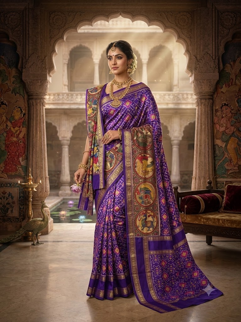 Royal Purple Pure Ikkat Silk Saree with Mythological Kalamkari Pallu — thumbnail