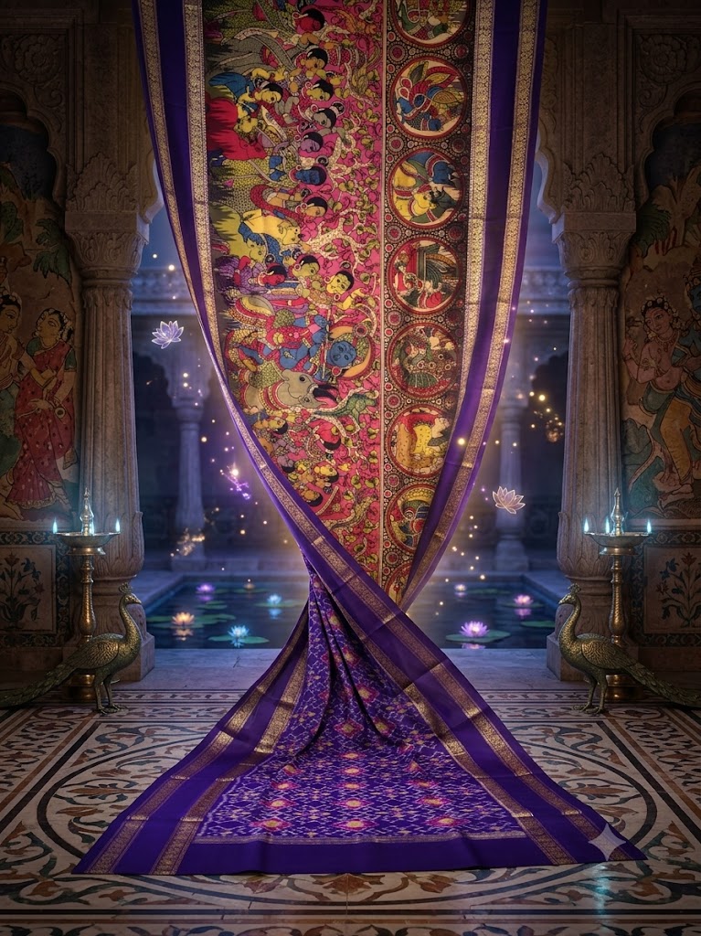 Royal Purple Pure Ikkat Silk Saree with Mythological Kalamkari Pallu — thumbnail 4
